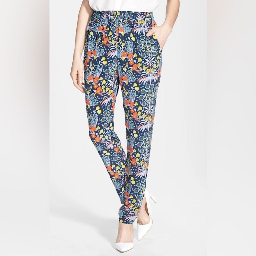 Silk Marc Jacobs 'Maddy Botanical' Black Iris Multi Print 100% Silk Pants sz 4